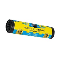 Мешки для мусора 120 л, с ушками, черные, в рулоне 10 шт., ПНД, 13 мкм, 1050х680 мм, Крепакоф, 4607075710436 в Чите