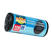 Мешки для мусора 120 л, с ушками, черные, в рулоне 30 шт., ПНД, 15 мкм, 1100х700 мм, Крепак, 4607075710375 в Чите